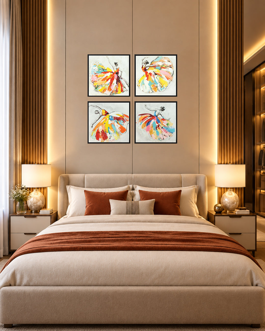 Symphony dancer wall art set of 4 above a bed in a bedroom