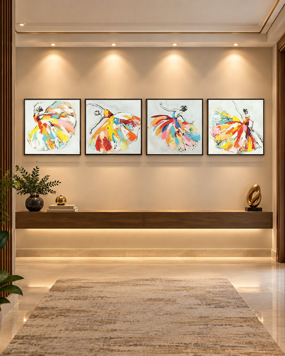 Symphony dancer wall art set of 4 in a row along a hallway wall