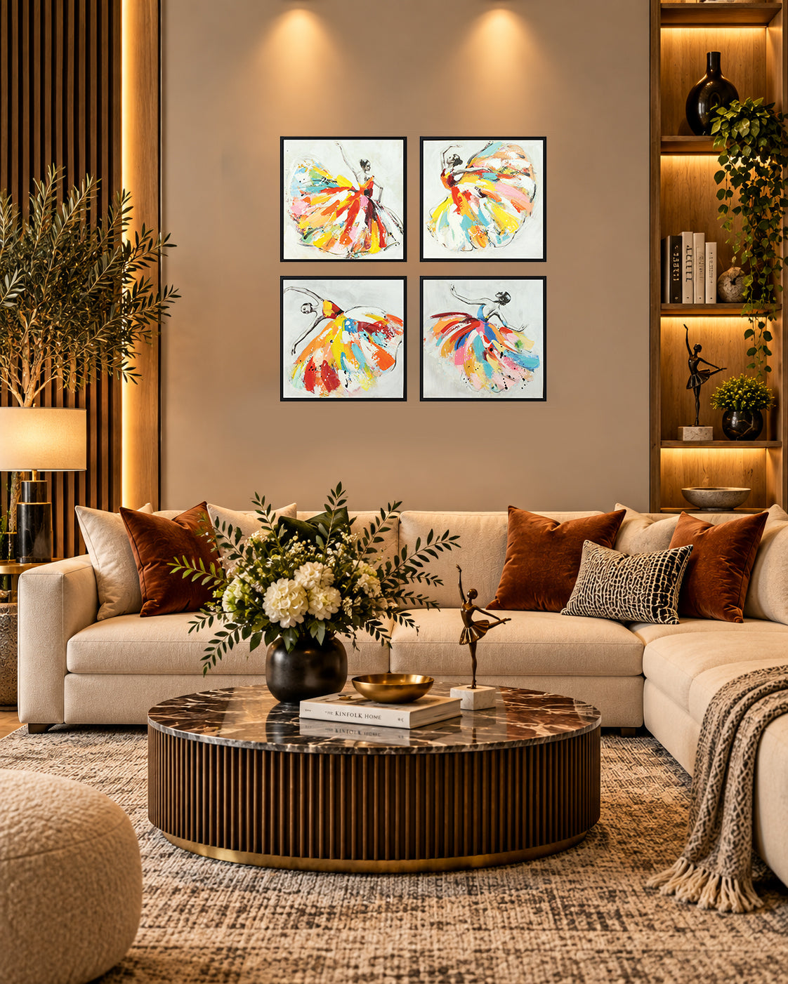 Symphony dancer wall art set of 4 above a sofa in a living room