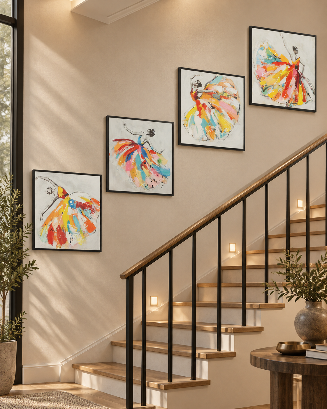 Symphony dancer wall art set of 4 hung up a staircase wall