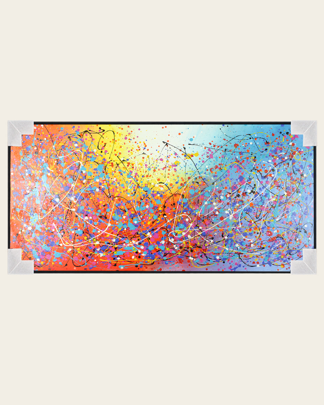 Syncopation splatter abstract painting with corner protectors for delivery
