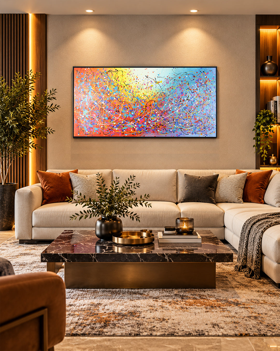 Syncopation splatter abstract painting above a sofa in a living room