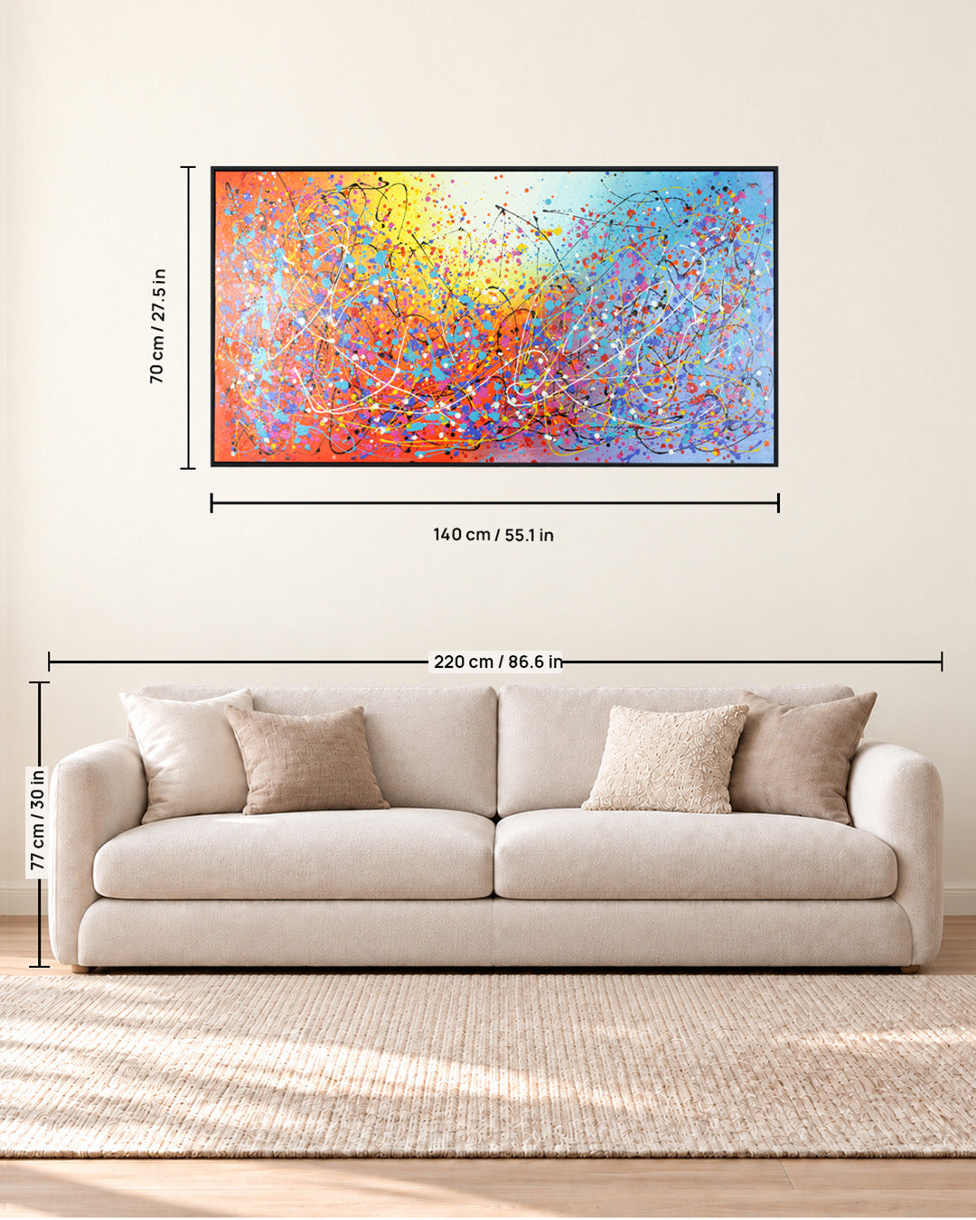 Syncopation splatter abstract painting size guide above a sofa