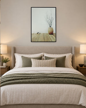 Terracotta Days neutral still life wall art above a bed in a bedroom