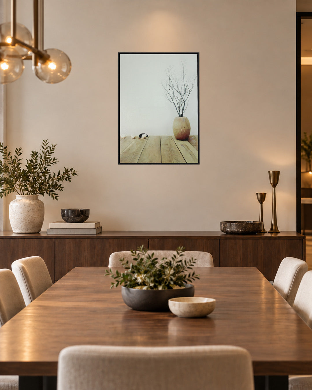 Terracotta Days neutral still life wall art above a dining table