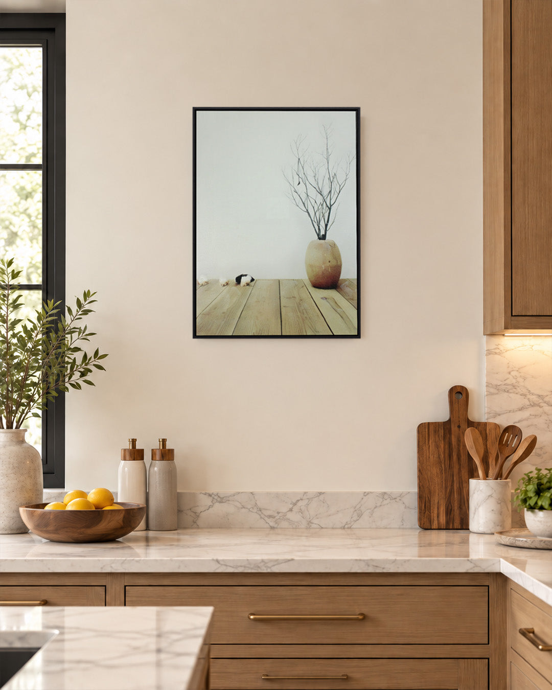Terracotta Days neutral still life wall art in a kitchen above the counter
