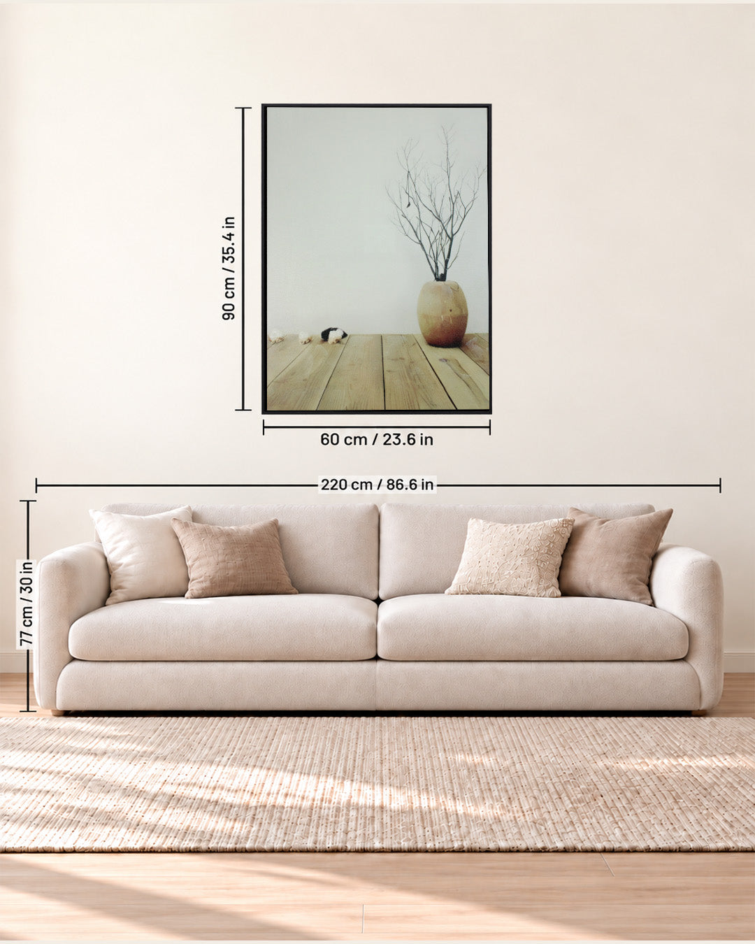 Terracotta Days neutral still life wall art size guide above a sofa