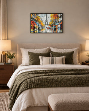 That Afternoon in Paris Eiffel Tower resin wall art above a bed in a bedroom