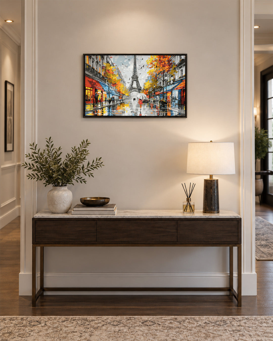That Afternoon in Paris Eiffel Tower resin wall art above a console in a hallway
