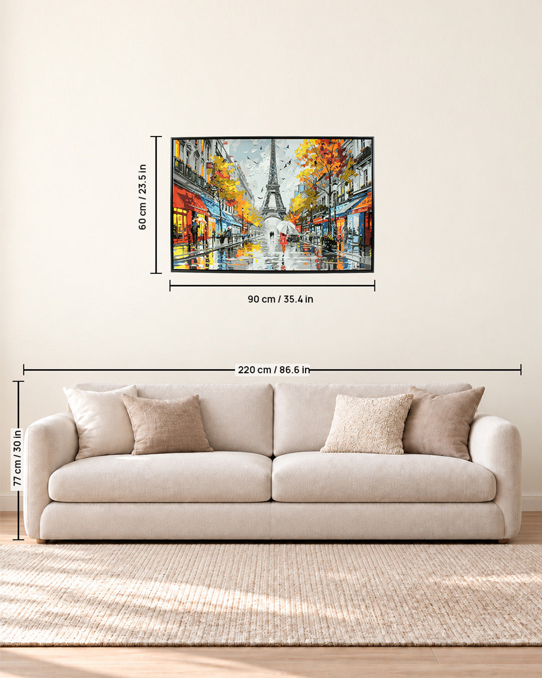 That Afternoon in Paris Eiffel Tower resin wall art size guide above a sofa
