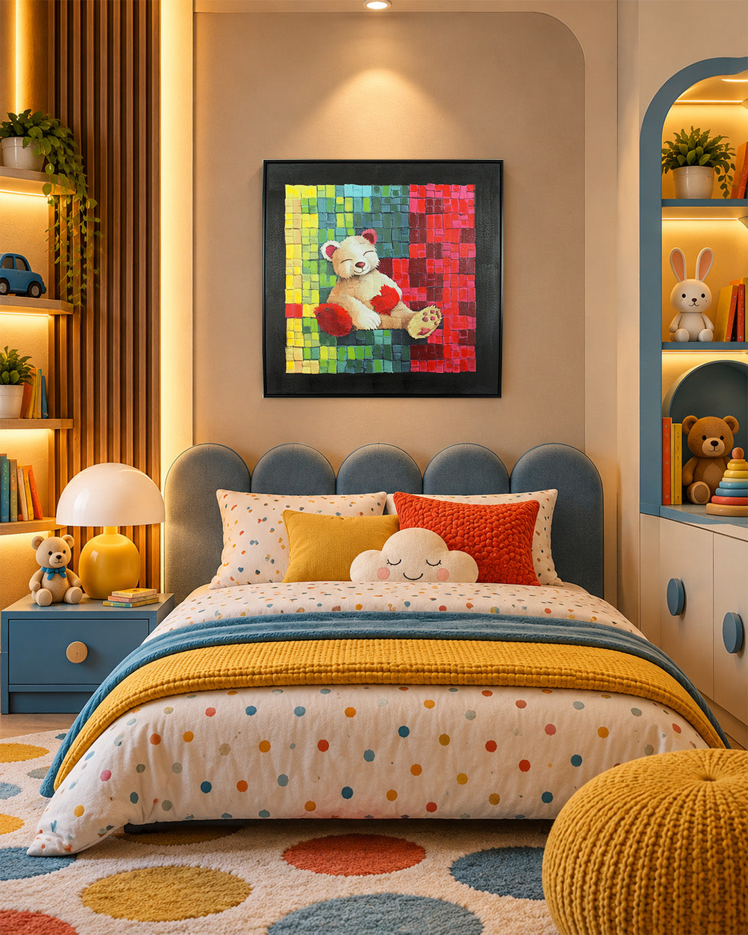 The Bear Who Stayed colourful bear wall art above a bed in a child's bedroom