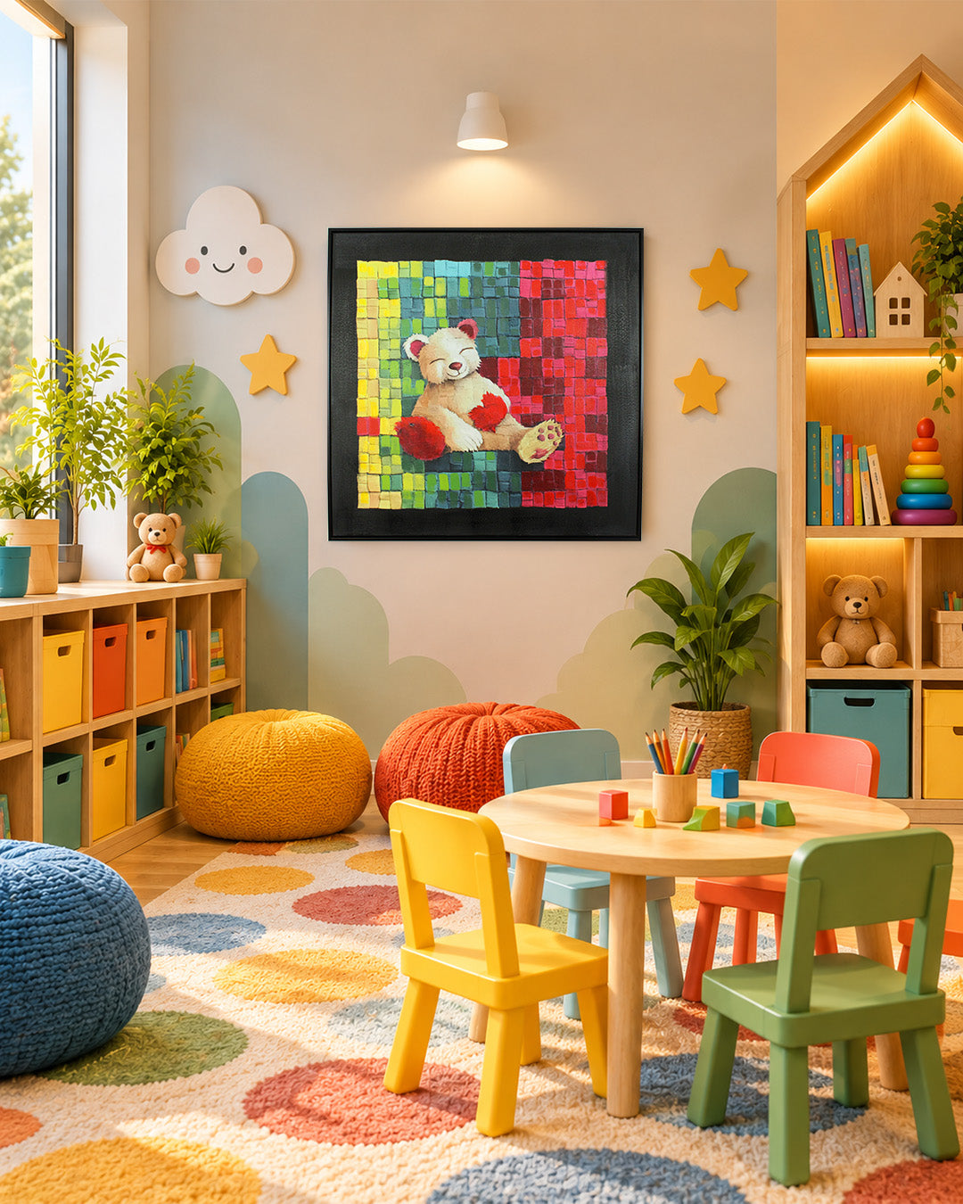 The Bear Who Stayed colourful bear wall art in a children's playroom