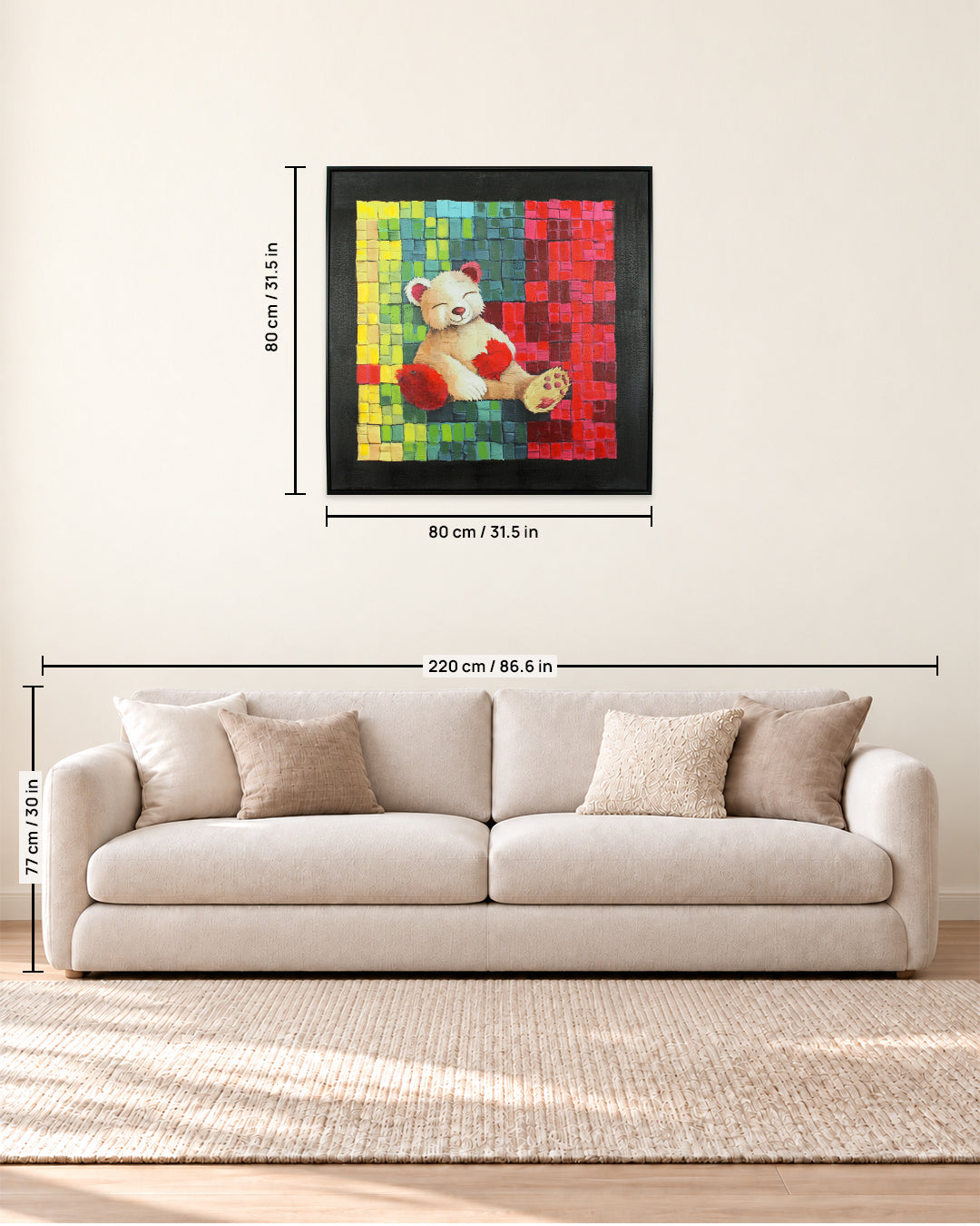 The Bear Who Stayed colourful bear wall art size guide above a sofa