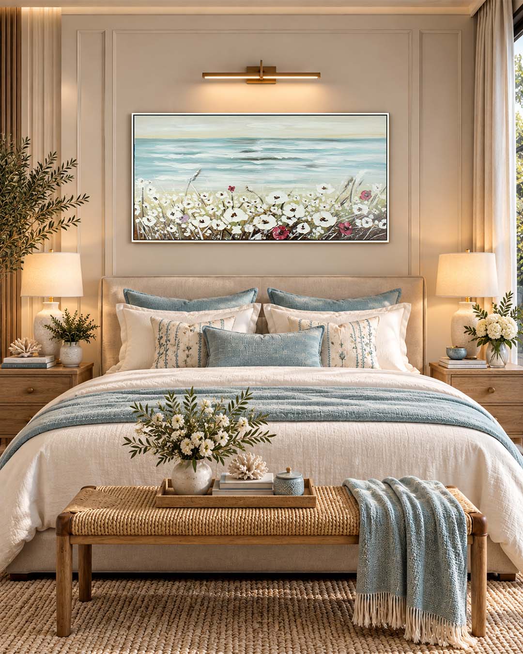 The Calm Before white poppy painting above a bed in a bedroom