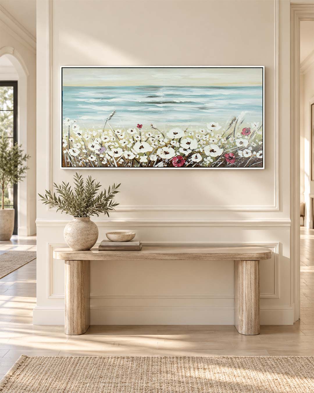 The Calm Before white poppy painting in a hallway