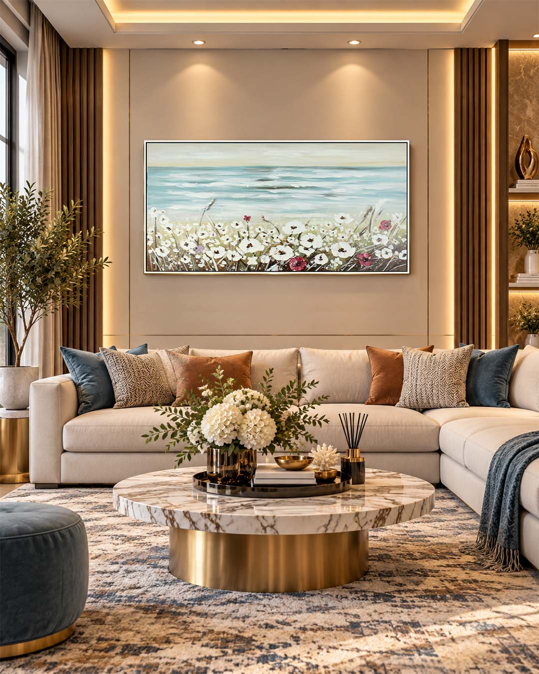 The Calm Before white poppy painting above a sofa in a living room