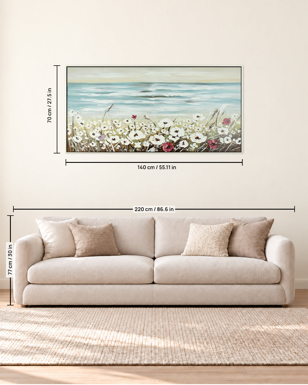 The Calm Before white poppy painting size guide above a sofa