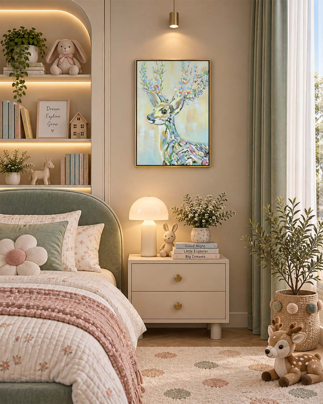The Crowned Stag woodland animal painting above a bed in a bedroom