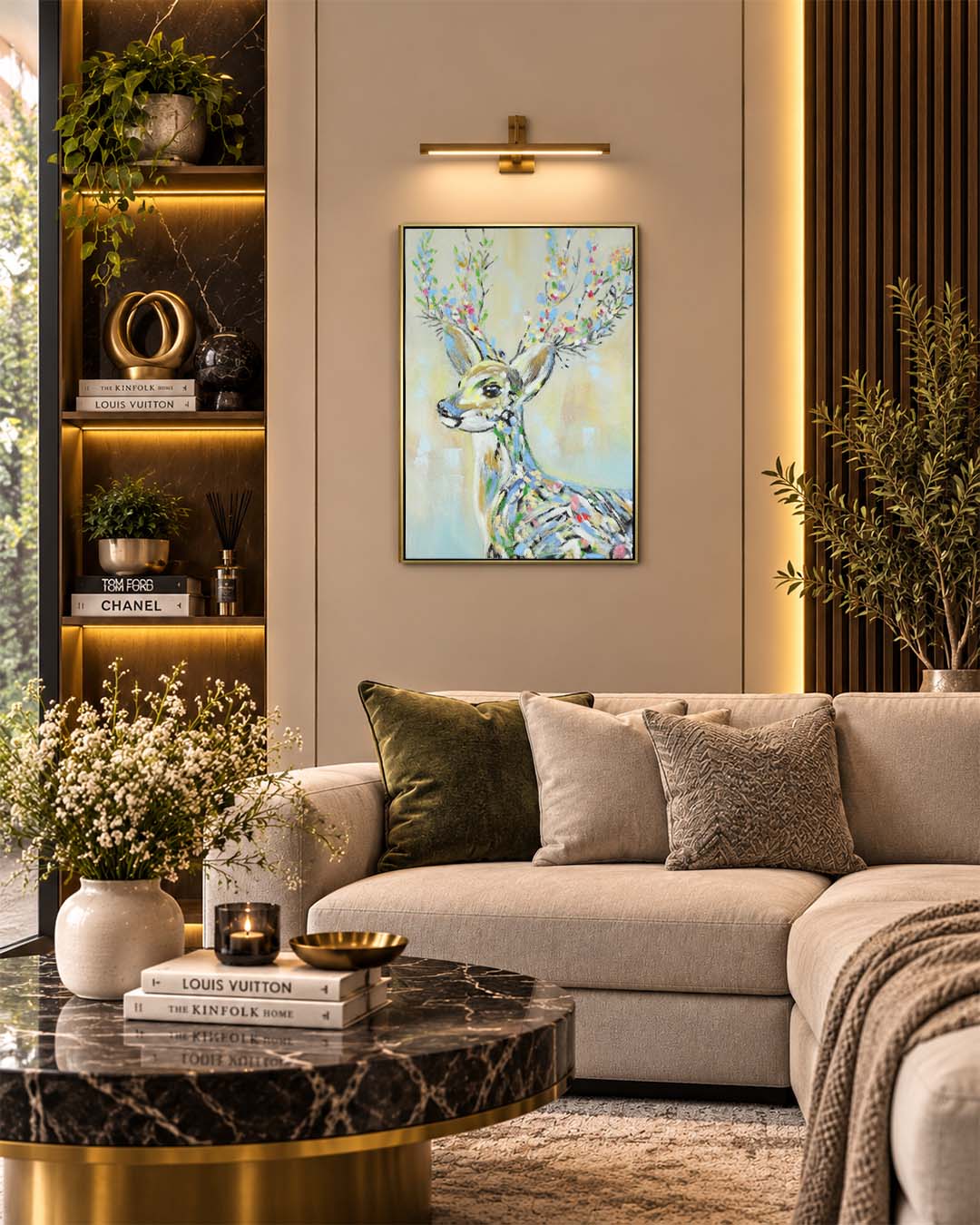 The Crowned Stag woodland animal painting above a sofa in a living room