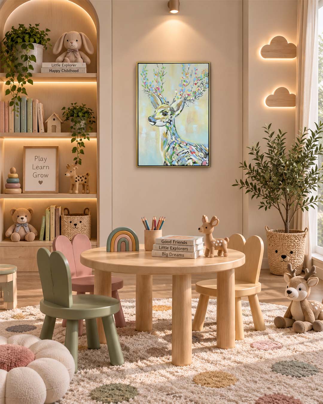 The Crowned Stag woodland animal painting in a children's playroom