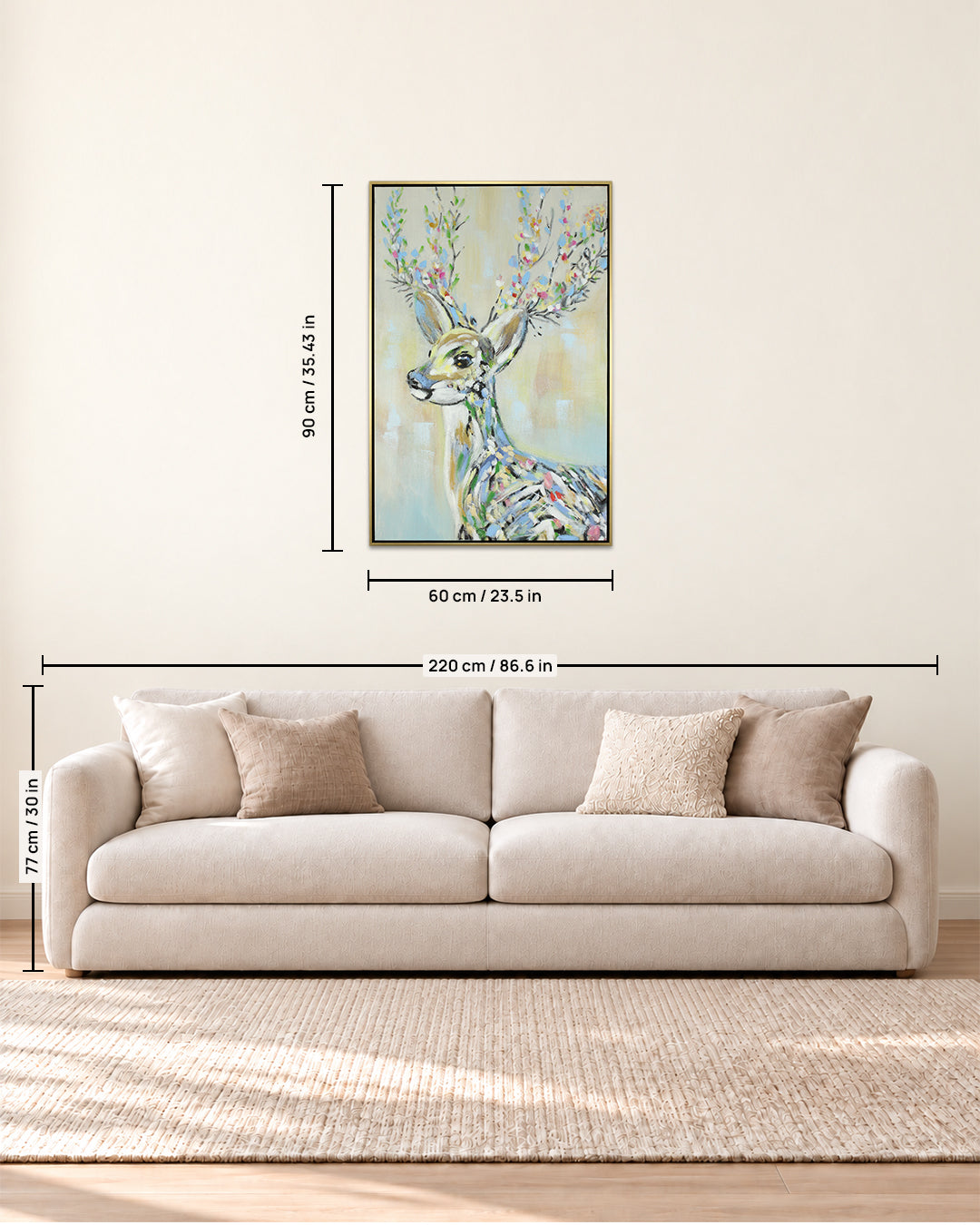 The Crowned Stag woodland animal painting size guide above a sofa