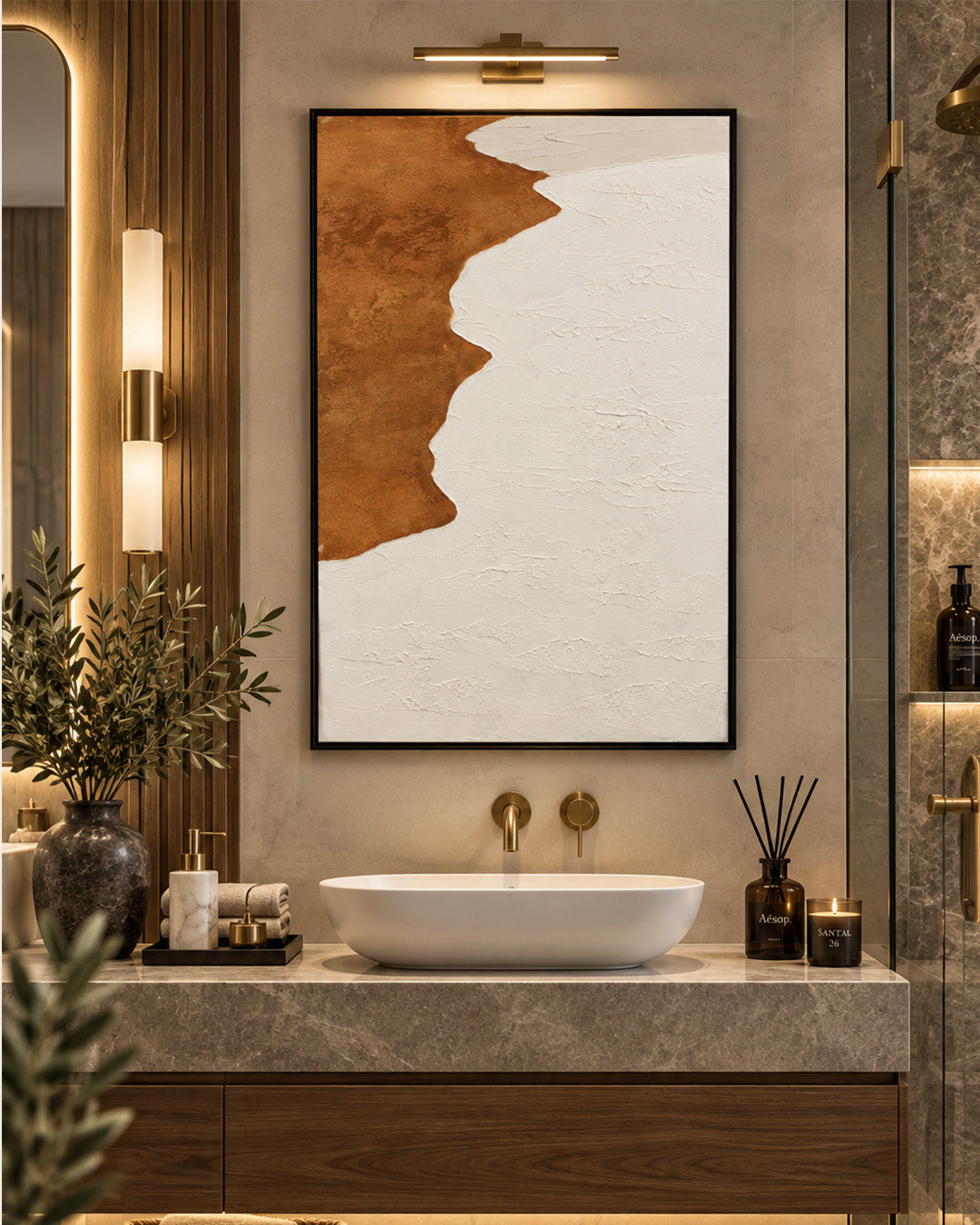 The Endless Return abstract beach painting in a bathroom