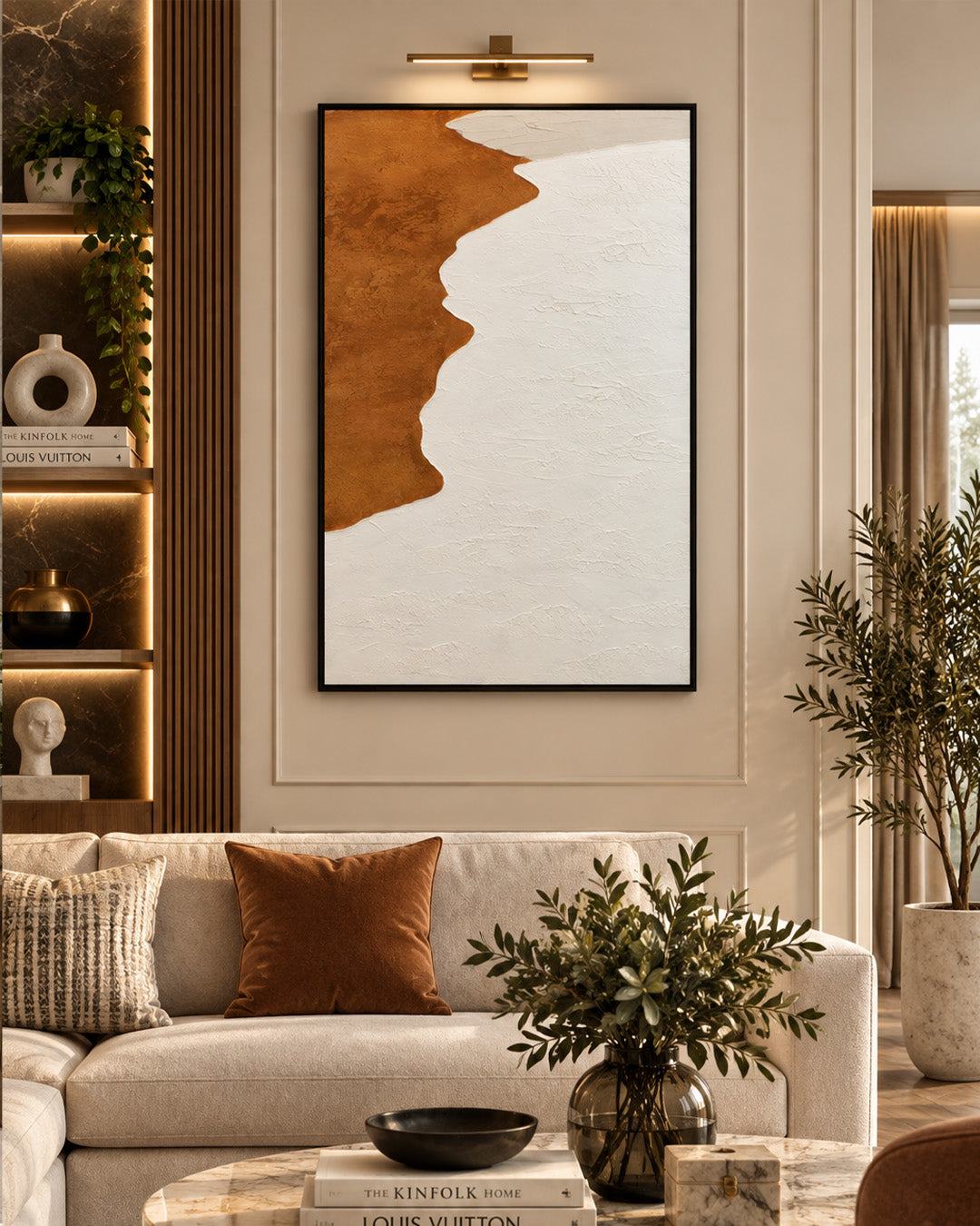 The Endless Return abstract beach painting above a sofa in a living room