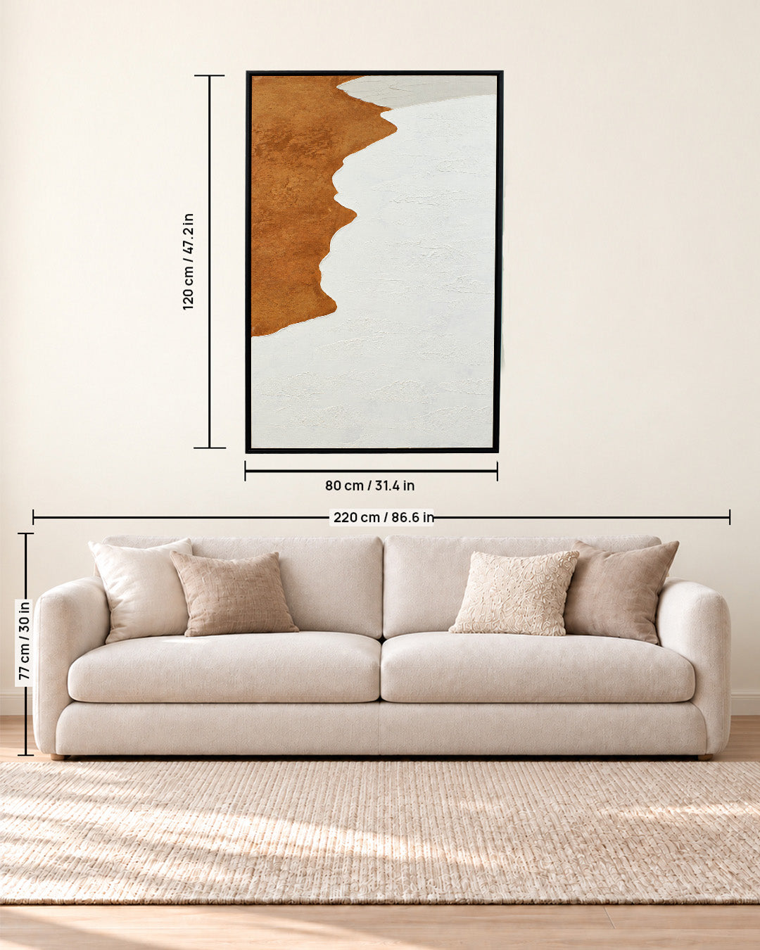 The Endless Return abstract beach painting size guide above a sofa
