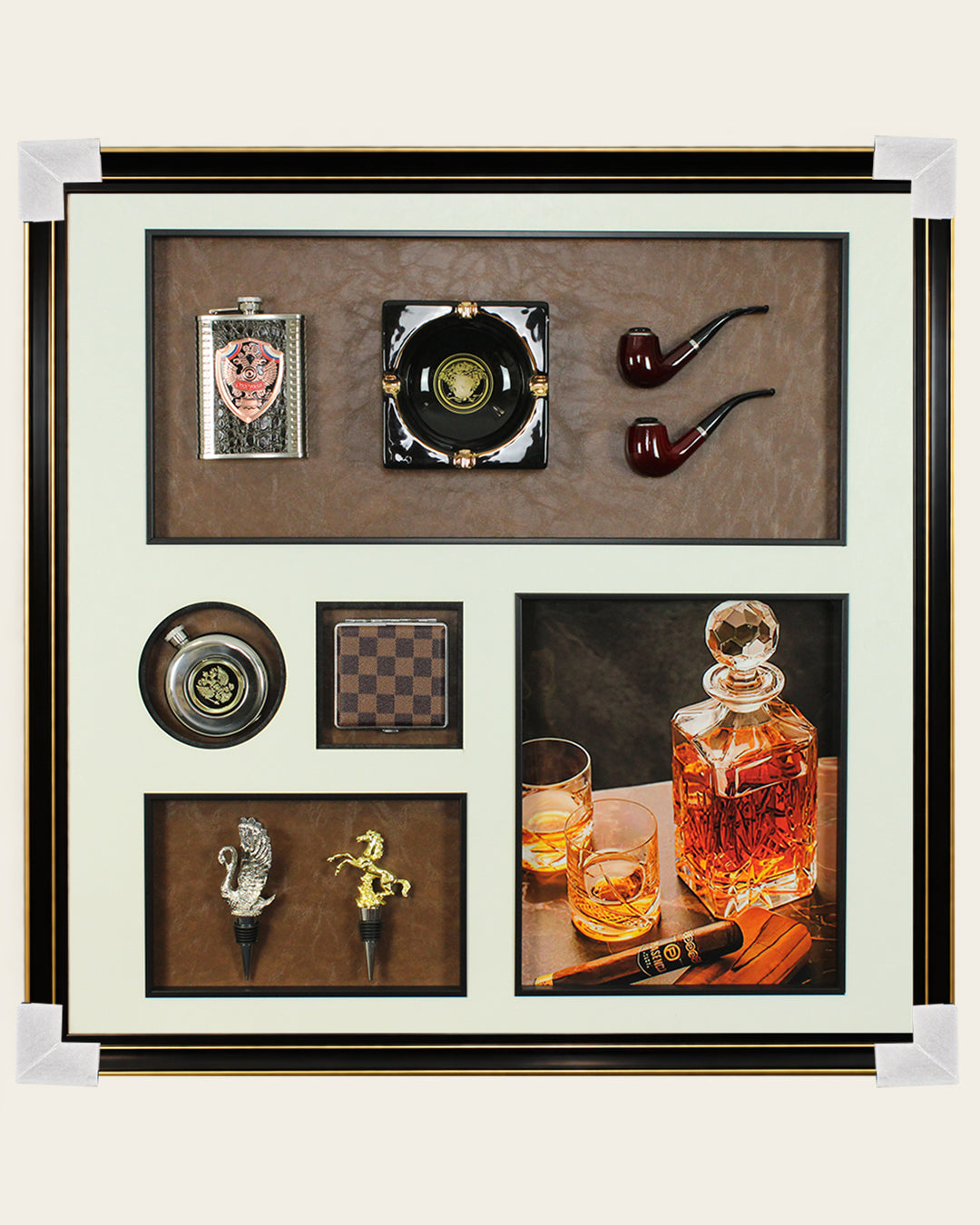 The Gentleman's Hour whisky and cigar 3D shadow box wall art with corner protectors for delivery