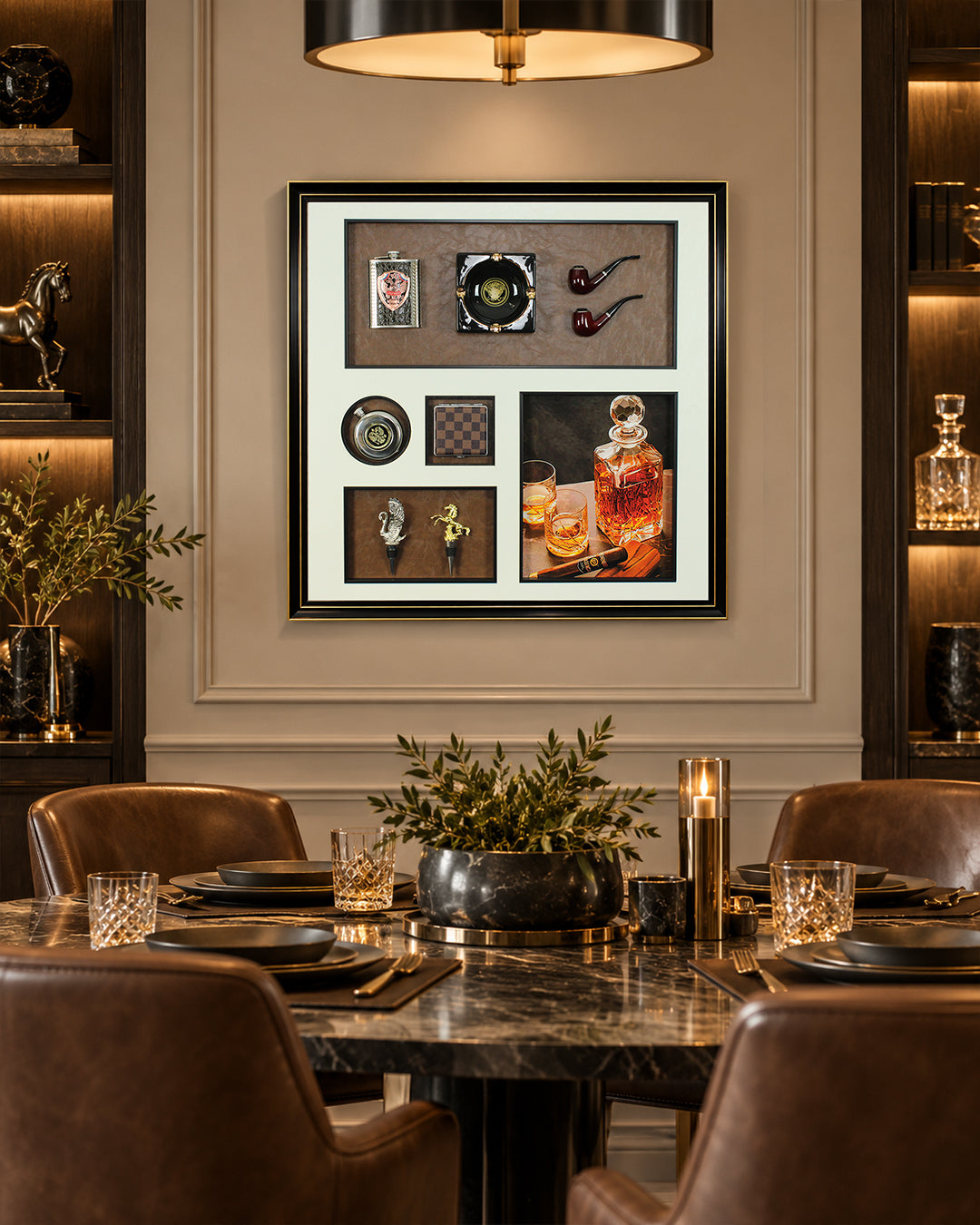 The Gentleman's Hour whisky and cigar 3D shadow box wall art in a dining room
