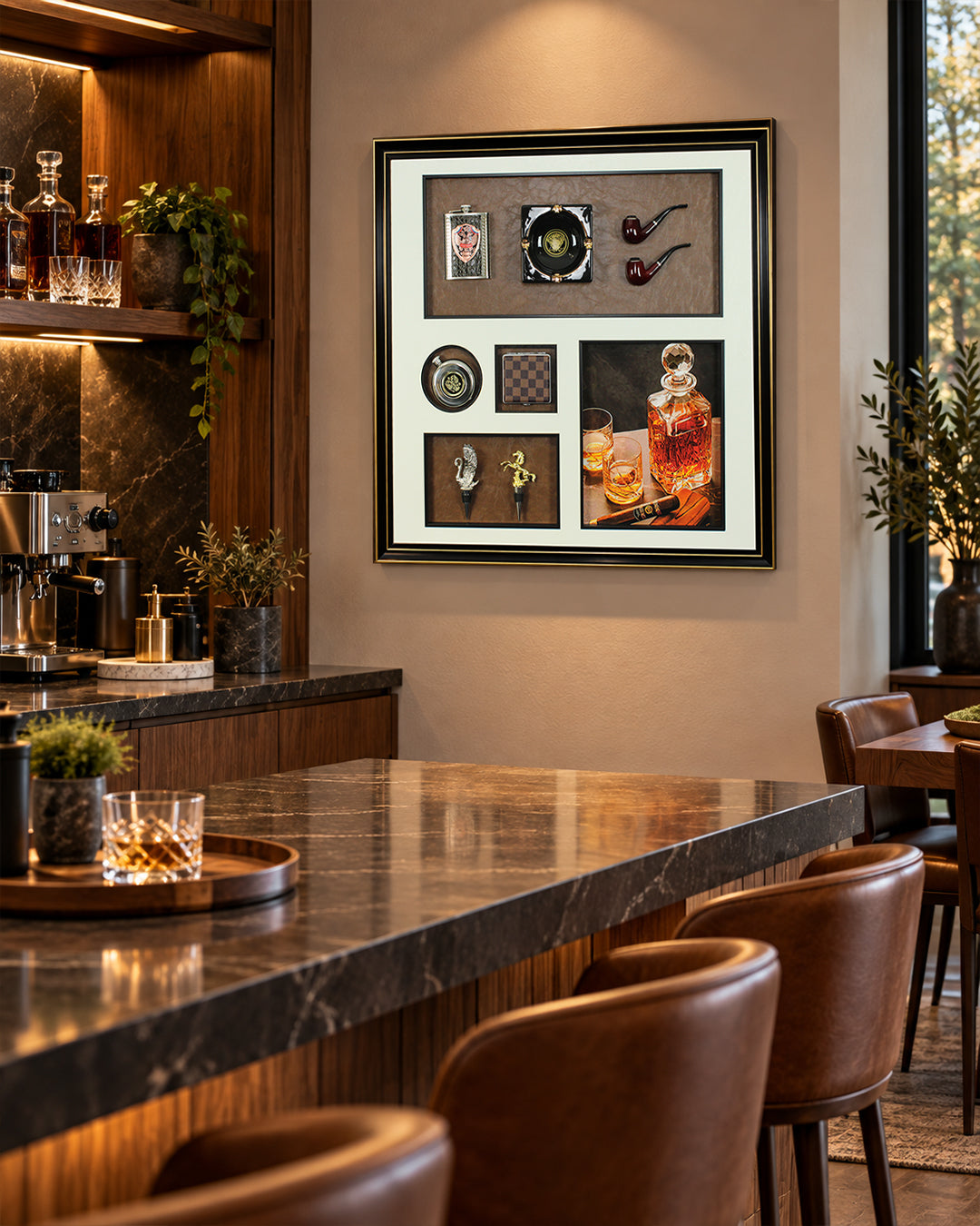 The Gentleman's Hour whisky and cigar 3D shadow box wall art in a home bar
