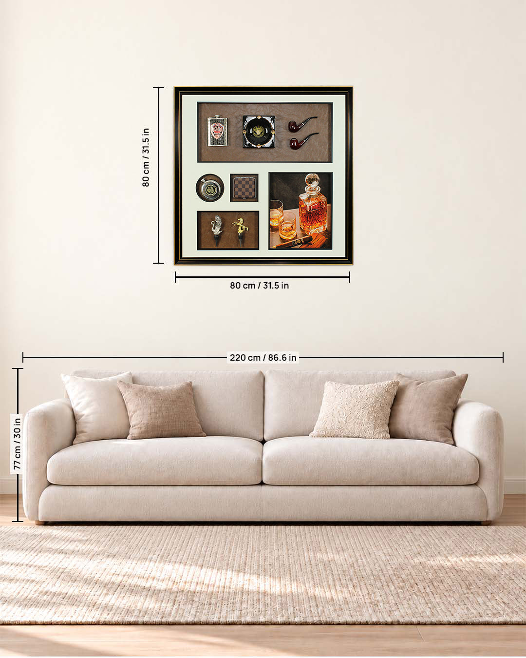 The Gentleman's Hour whisky and cigar 3D shadow box wall art size guide above a sofa