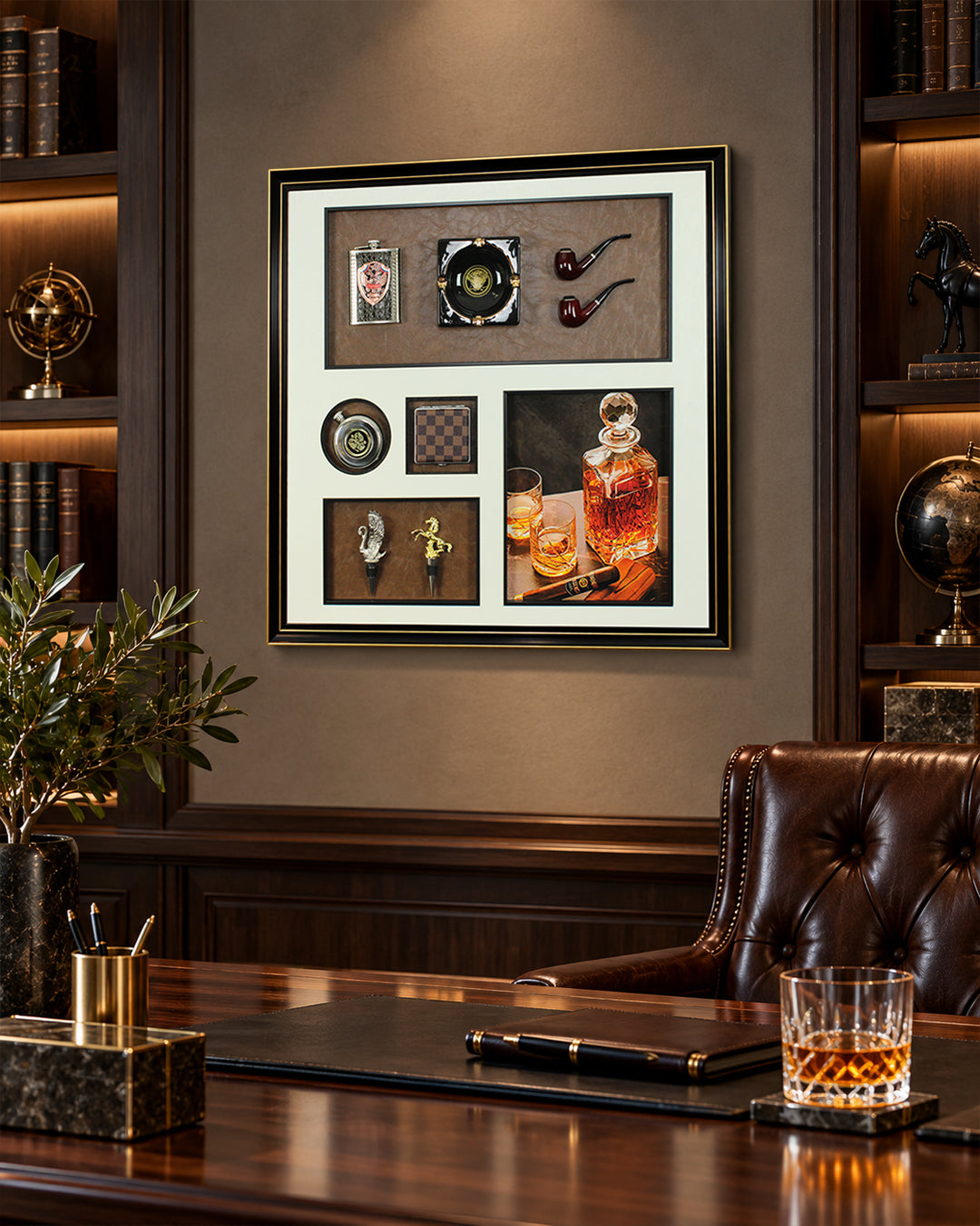 The Gentleman's Hour whisky and cigar 3D shadow box wall art in a study above a desk