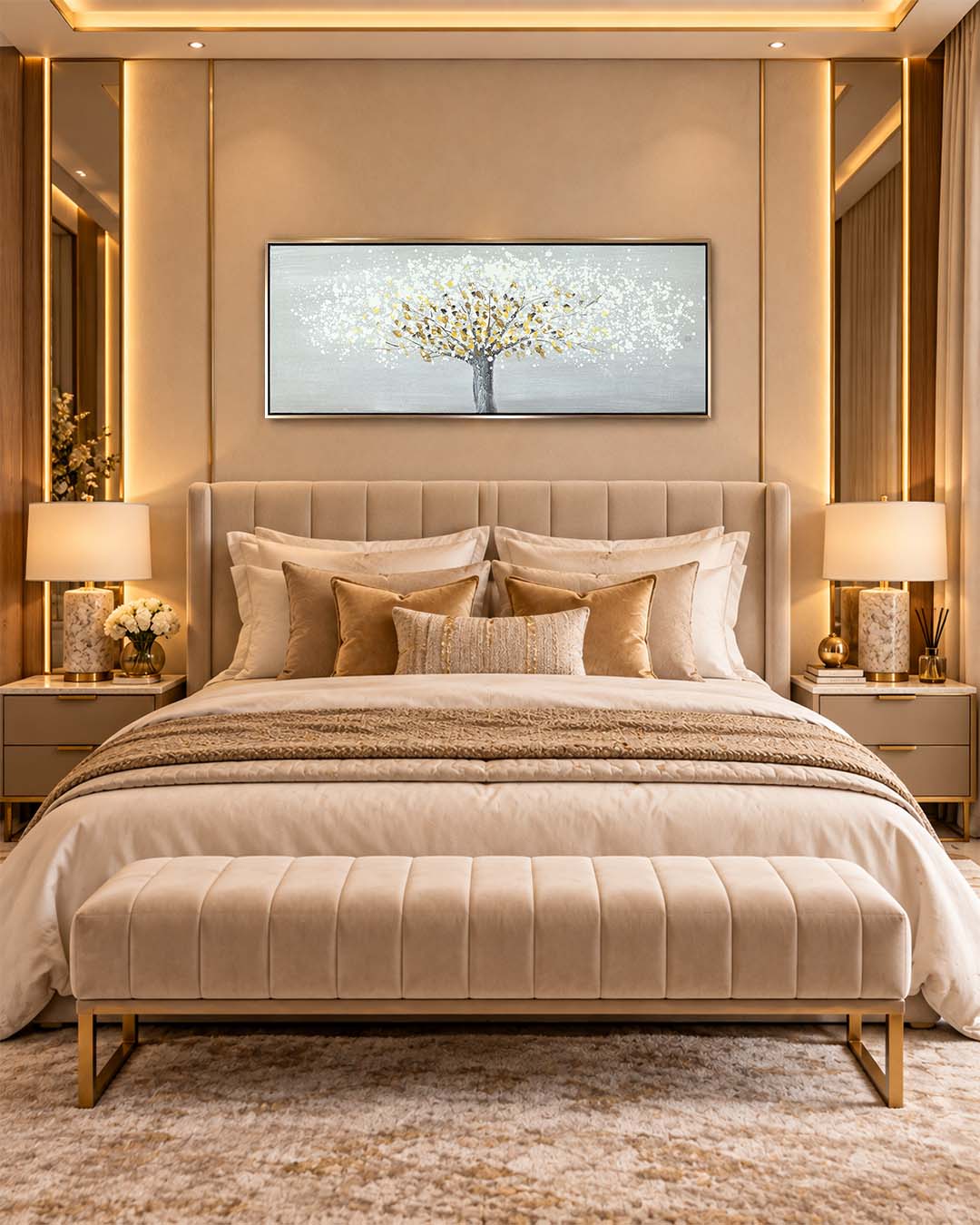 The Gilded Tree gold tree wall art above a bed