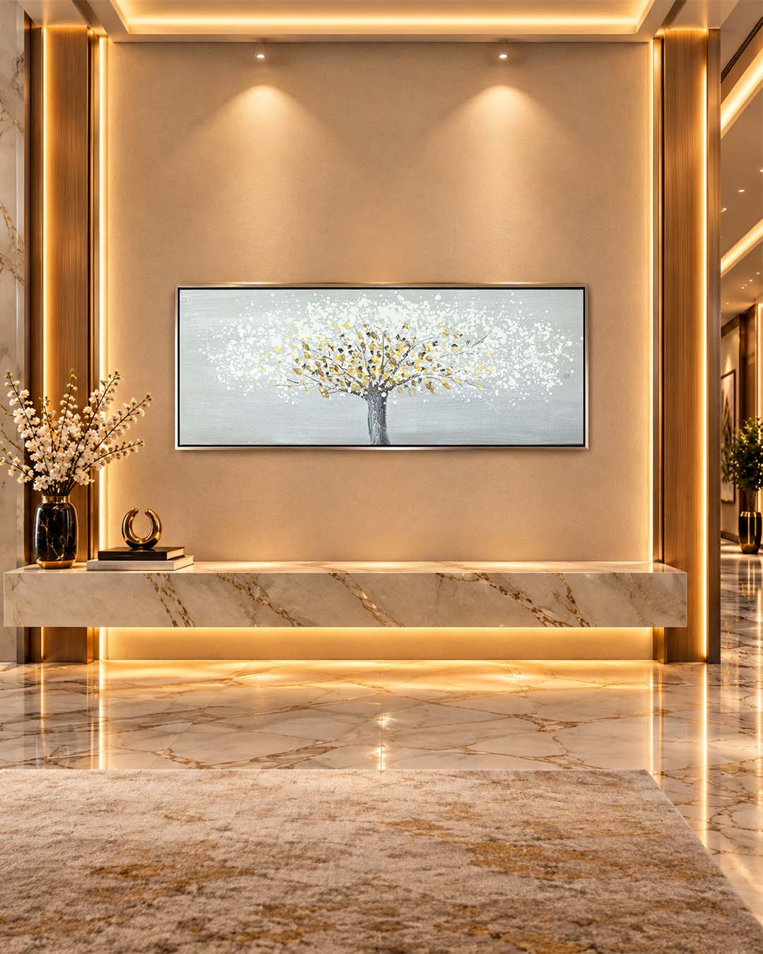 The Gilded Tree gold tree wall art in a hallway