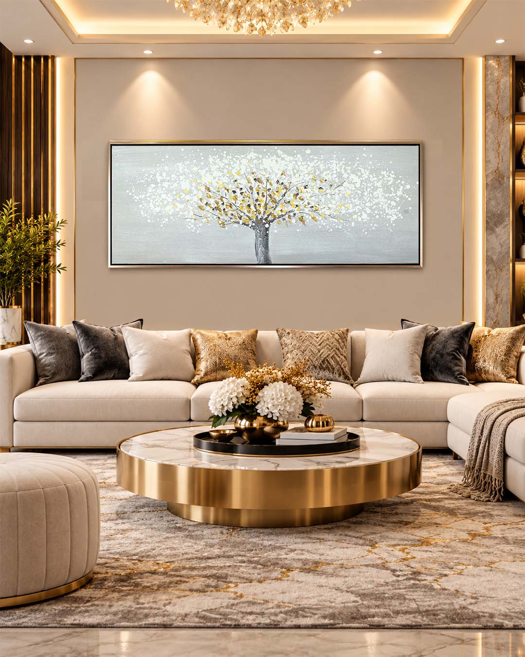 The Gilded Tree gold tree wall art above a sofa in a living room