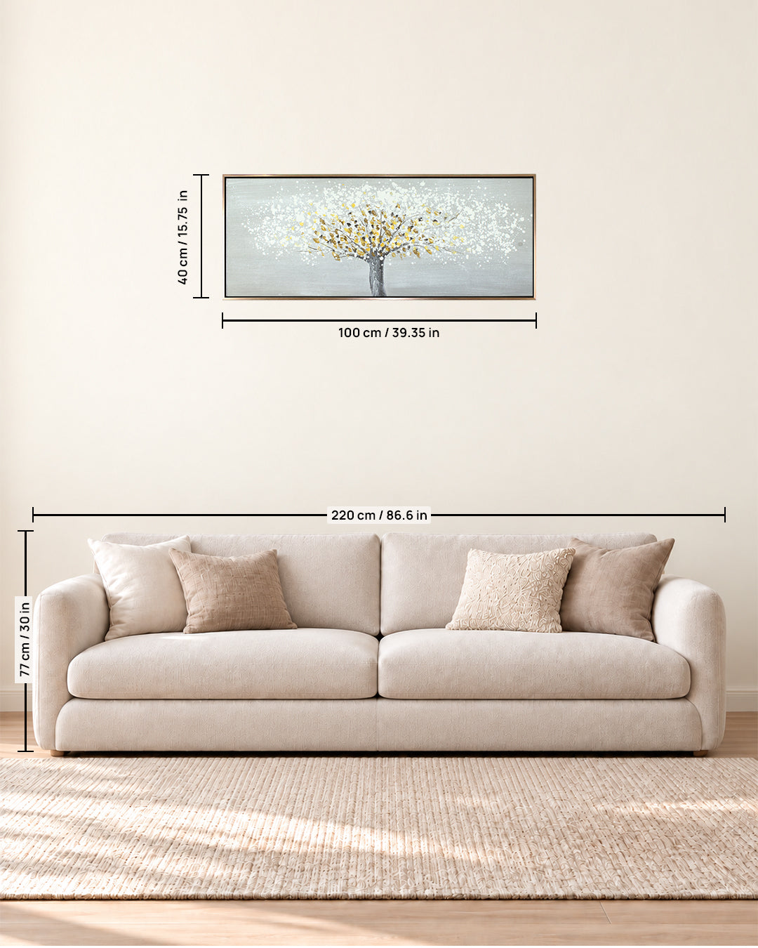 The Gilded Tree 100 x 40 cm size guide above a sofa