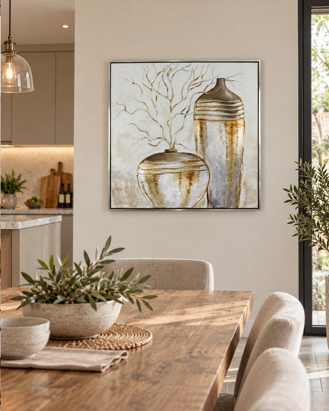 The Golden Balance gold botanical wall art in a dining room