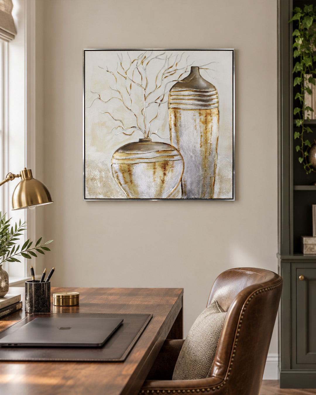 The Golden Balance gold botanical wall art in a home office
