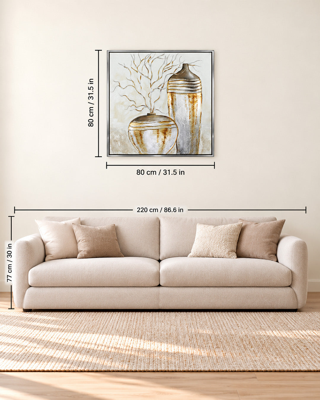 The Golden Balance gold botanical wall art size guide above a sofa