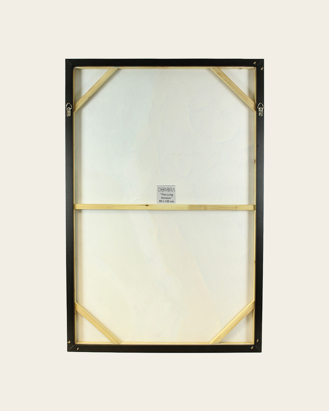 The Long Horizon abstract coastal painting back of the framed canvas