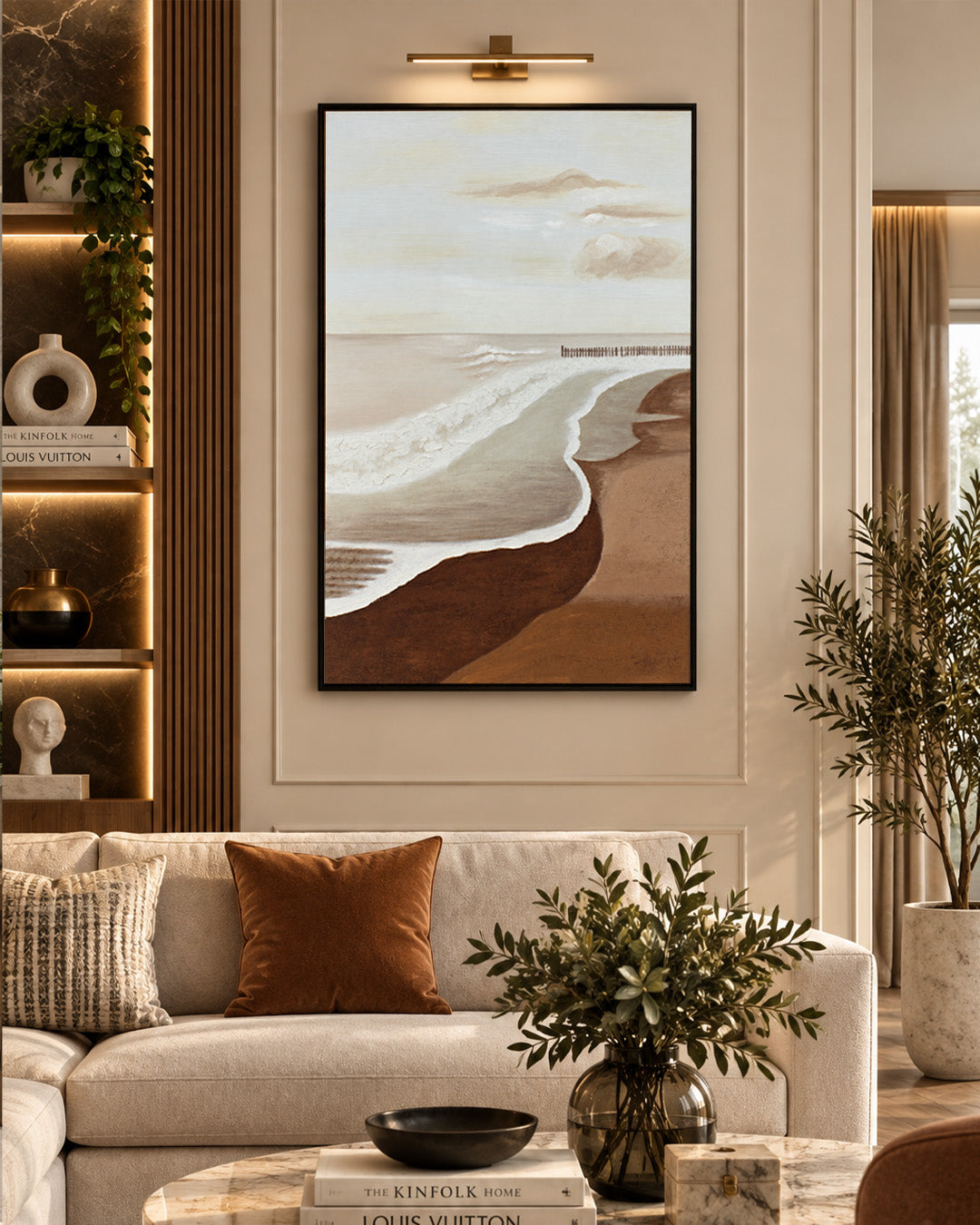 The Long Horizon abstract coastal painting above a sofa in a living room