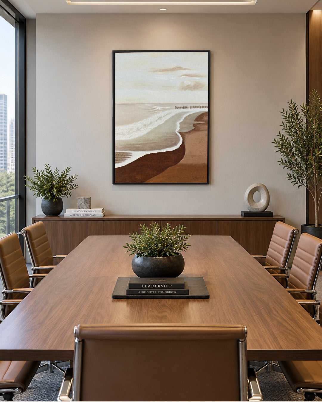 The Long Horizon abstract coastal painting in a home office