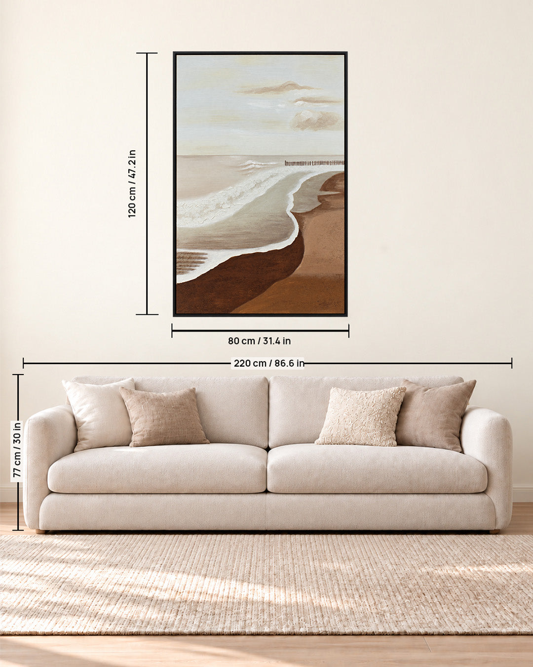 The Long Horizon abstract coastal painting size guide above a sofa