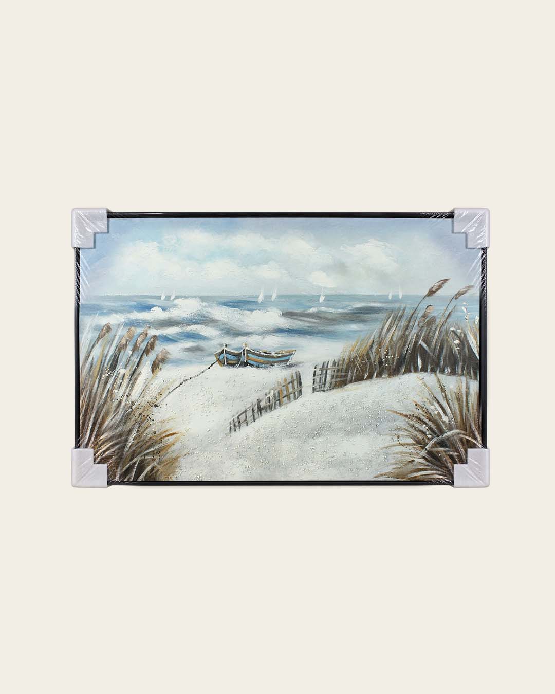 The Long Wait rowing boat painting with corner protectors for delivery