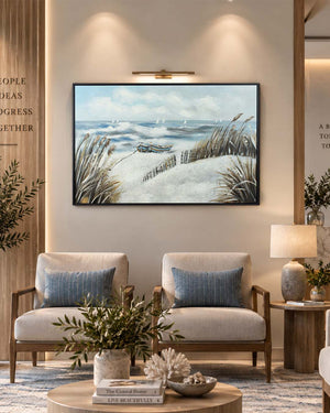 The Long Wait rowing boat painting in a sitting room with armchairs