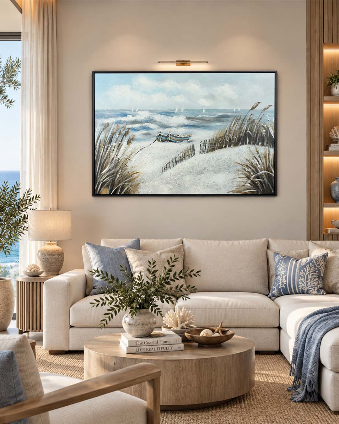 The Long Wait rowing boat painting above a sofa in a living room