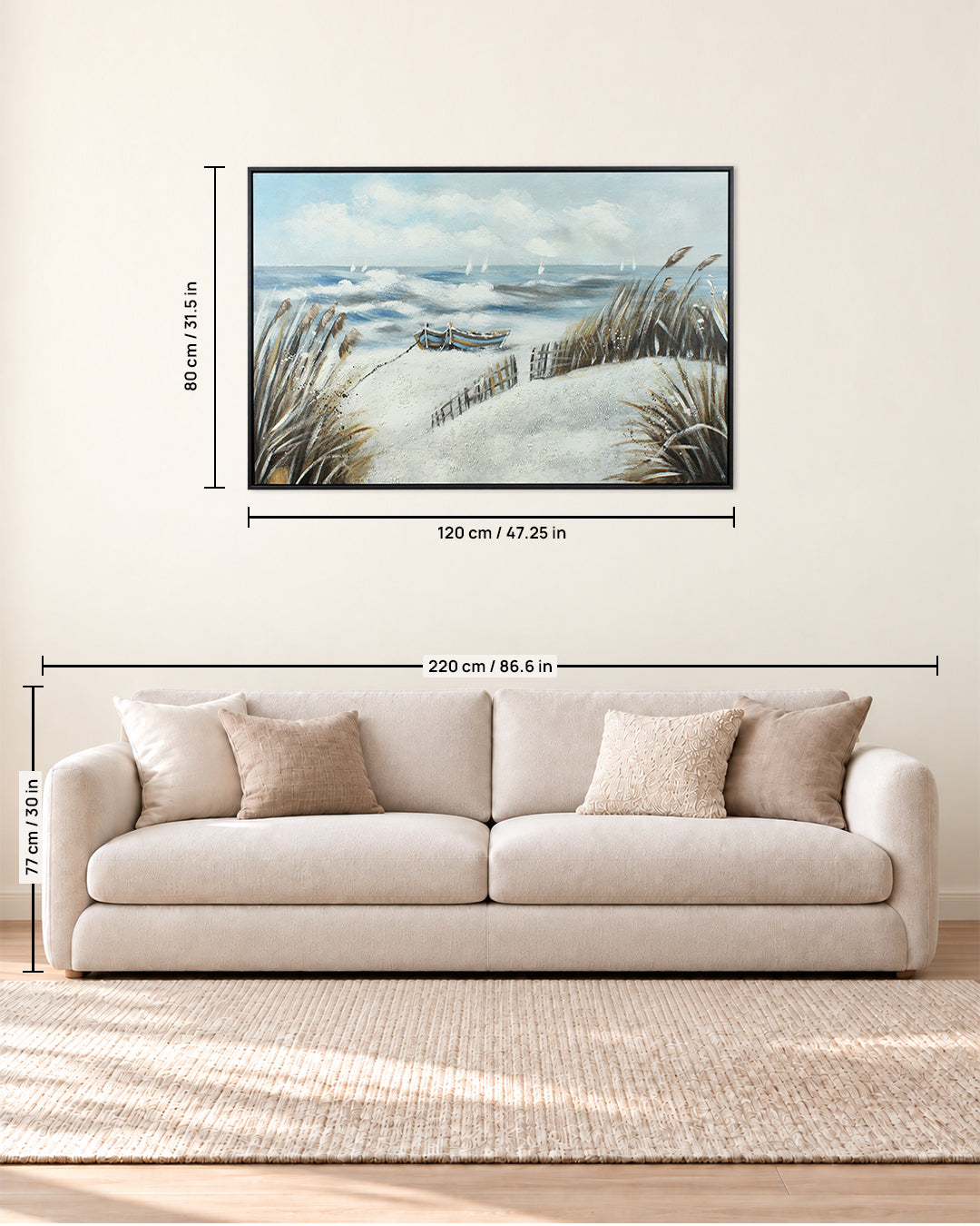 The Long Wait rowing boat painting size guide above a sofa