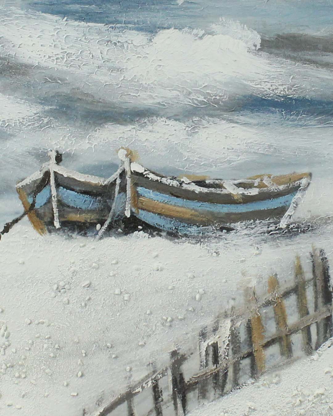 The Long Wait rowing boat painting close-up of the textured paint