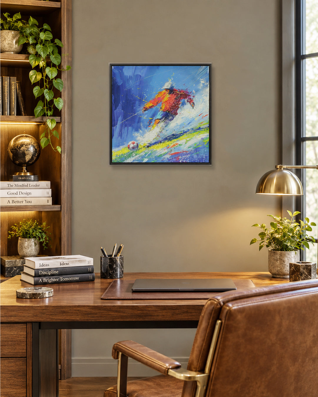 The Moment Before football resin wall art in a home office above a desk